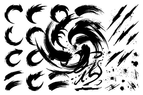 Dynamic abstract black ink brush strokes and splatter patterns.