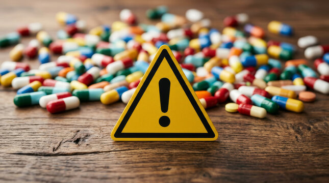 Warning sign on wooden table with colorful medicine pills, pharmaceutical danger concept, medical risk and drug safety alert, heap of antibiotic capsules