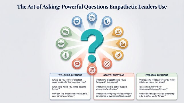 Workplace empathy graphic on cognitive distortions and thought reframing with two thought-bubble metaphor