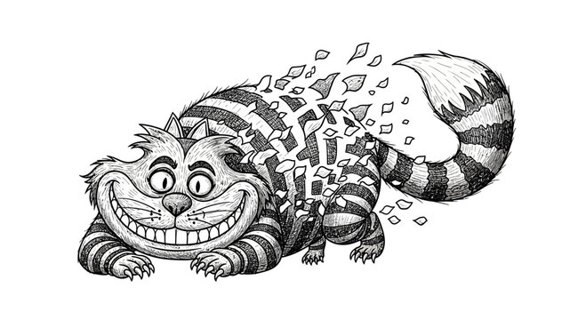 Whimsical Cheshire Cat Dissolving into Particles, Hand-Drawn Illustration
