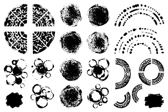 Grunge circle patterns and abstract shapes with geometric designs.