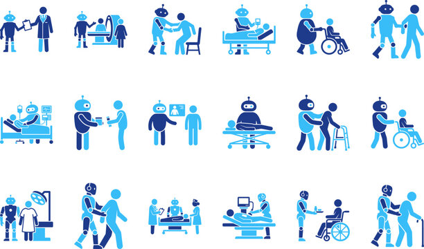 Robots helping people in healthcare settings with medical procedures patient care and support.
