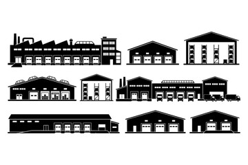 Naklejka premium Collection of industrial building silhouettes and factory icons.