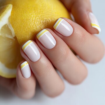Chic Bright Yellow French Manicure with Pastel Tips and Nude Base Gel Polish on Short Squoval Fingernails Holding a Fresh Lemon