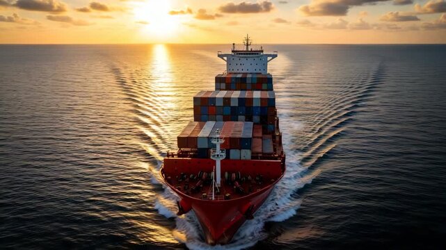 Cargo Ship Sailing at Sunset: A large container cargo ship navigates the calm ocean waters at sunset, leaving a white wake behind as the sun casts a golden glow on the horizon.