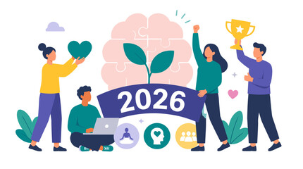 Obraz premium Group of people celebrating 2026 with trophy banner.