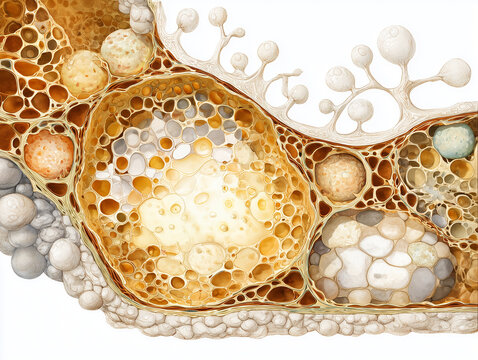 Human glandular tissue anatomy illustration showing secretory acinar cross section with central granule filled cell mass and cellular network in warm amber gold tones on white background