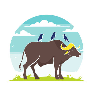 Buffalo with birds on its back in a flat design style