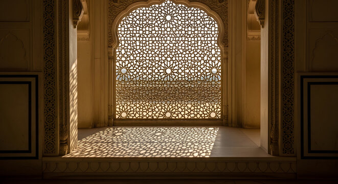 Sunlit stone jaali screen window in ancient Indian palace interior