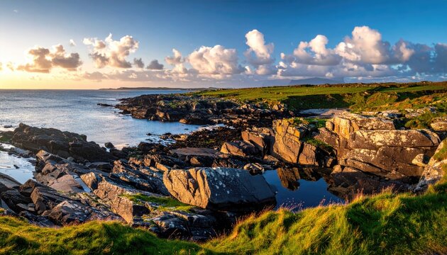 Rugged coastline with sunlit cliffs and calm water
