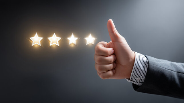 Business hand giving thumbs up beneath glowing five-star rating, customer satisfaction and positive review concept, minimal gray background, realistic corporate feedback stock phot