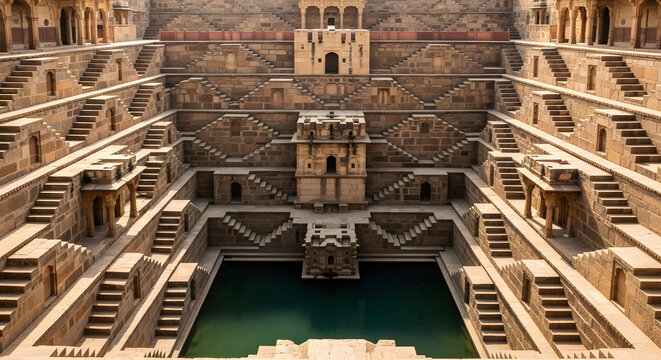 Symmetrical stone steps leading down to an ancient Indian stepwell.