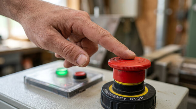 Industrial emergency stop button being pressed by hand, red safety kill switch on factory machinery, manual shut off control in workshop