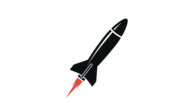 Black silhouette icon of a rocket launching with a red flame.