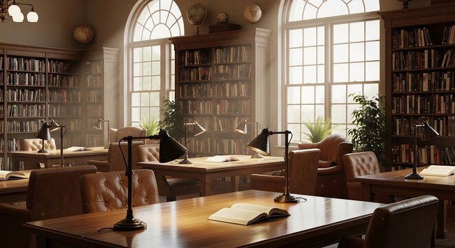 Classic Library Interior with Bookshelves and Study Desks.