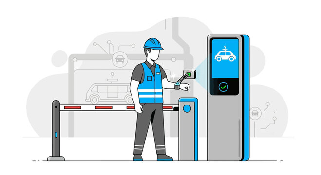 Worker at automated parking lot barrier with payment terminal, car icon