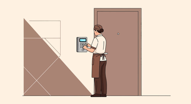 Worker using intercom at door, access control, building entry system