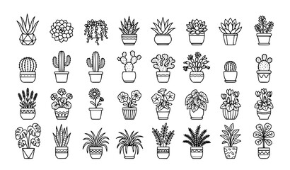 Fototapeta premium Succulents and Potted Flower Plants Outline Vector Collection
