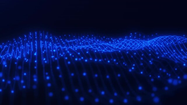Blue digital wave with glowing particles and audio spectrum lines on dark background, futuristic motion graphic for music visuals, data flow, and tech design.