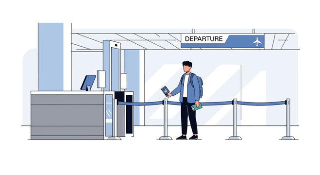 Young man with passport and boarding pass at airport departure gate