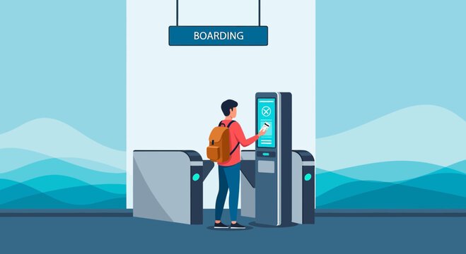 Young man with backpack buys ticket at automated kiosk for public transport
