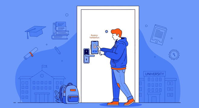 Young Student Uses Smartphone for Smart Door Access at School Entrance