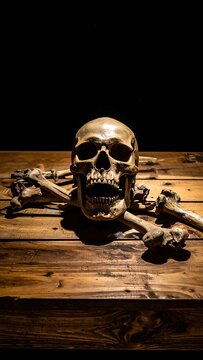 Aged Human Skull and Scattered Bones Resting on Rustic Wooden Table in Dark Studio Setting