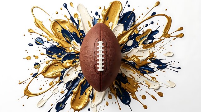 American football ball surrounded by explosive gold and navy blue metallic paint splashes on clean minimalist background.