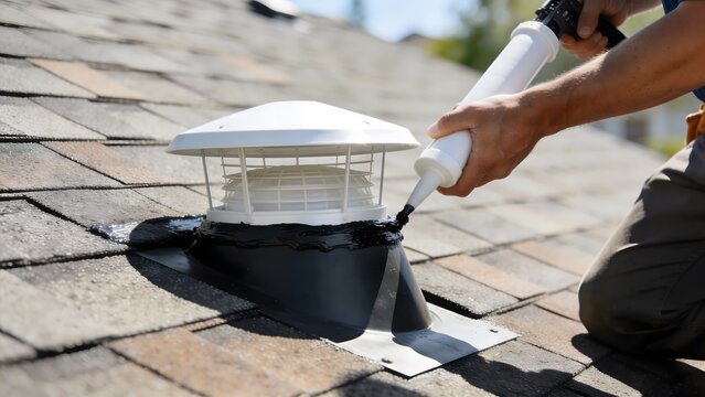 Close-up of worker hands sealing a house roof exhaust vent ventilation system with silicone mastic adhesive. Construction and home improvement renovation process outdoors