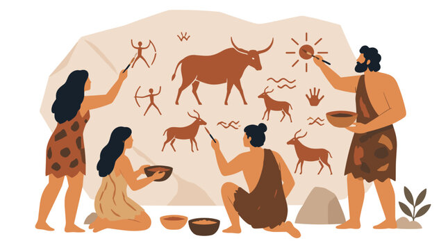 Ancient prehistoric people creating cave art of animals.