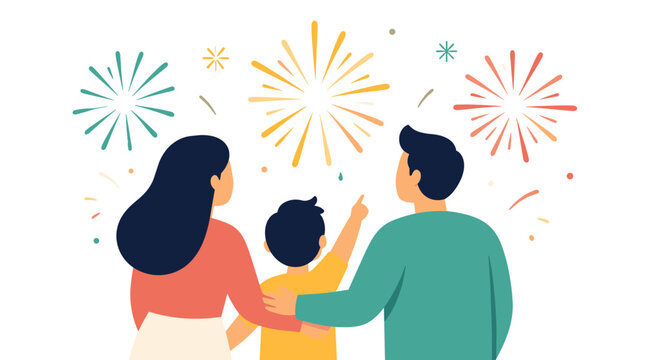 Family celebration together during festive fireworks display.