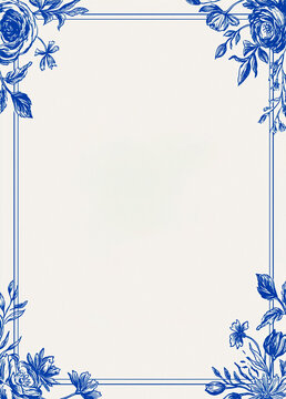 Blue floral border with hand drawn roses and leaves frame, elegant botanical illustration for wedding invitations or stationery layout