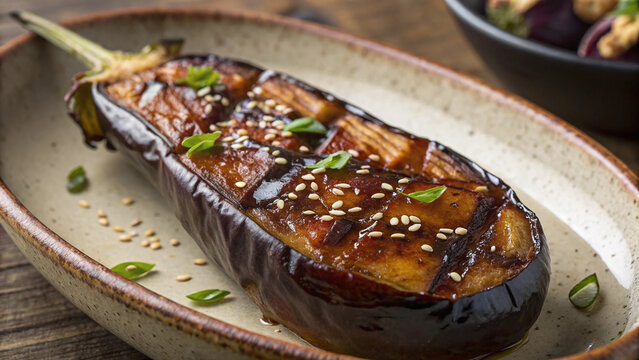 Photorealistic macro Japanese food close up miso glazed eggplant caramelized umami coating sesame scallion rustic ceramic texture warm kitchen lighting detail