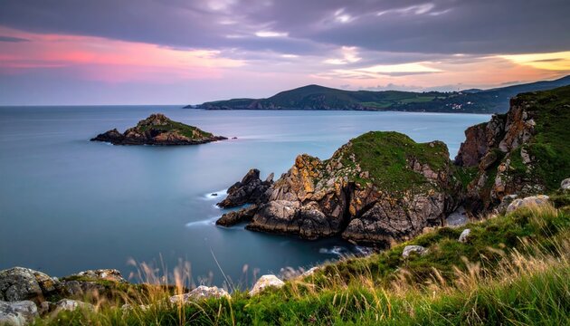 Dramatic coastal vista at twilight, with rugged cliffs, islands, and soft pastel sky
