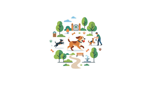 Flat Vector Illustration of Dogs Playing in a Public Park