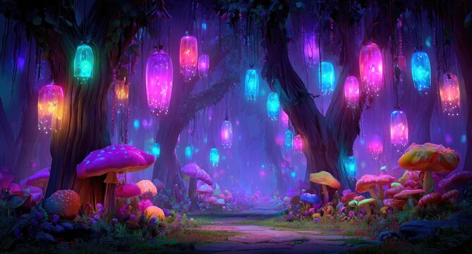Enchanting, vibrant forest path bathed in colorful light