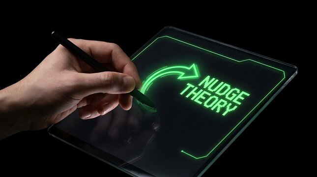Nudge Theory Concept Illustrated on a Digital Tablet with Glowing Green Text and Arrow.