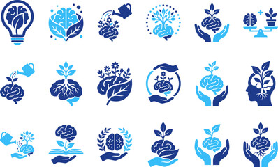 Brain growth and learning icons symbolizing knowledge development education creativity and intellectual inspiration concepts. © Icon Set