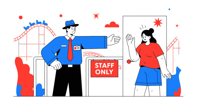 Amusement park staff member directs visitor away from restricted area