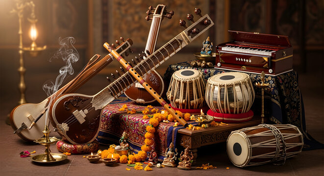 Traditional indian musical instruments including sitar, tabla and harmonium.