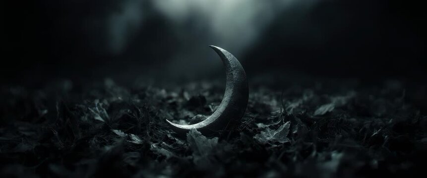 A silver crescent moon prop with gold lens flare on autumn leaves