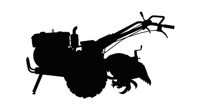 Silhouette of a walking tractor with tilling blades.