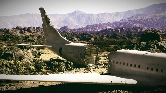 Drone perspective over crashed airliner scrubland, remote survey operation, GPS markers and mapping overlay, hazy mountain backdrop, dusty terrain