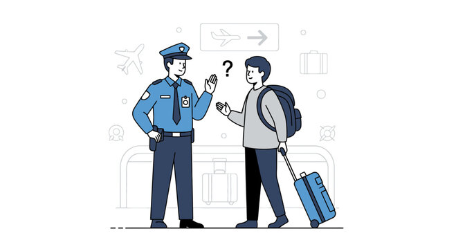 Airport Security Officer Talking to Traveler with Luggage, Question Mark