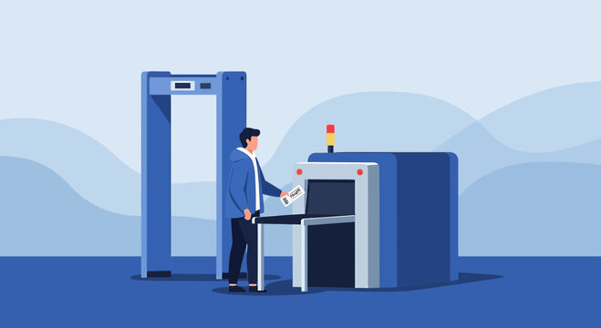 Airport Security Scan - Man with Luggage at Scanner and Walk-Through Metal Detector