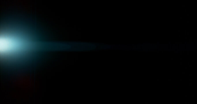 Anamorphic lens flare and light leak effect on dark background. Minimal cinematic optical texture ideal for overlays, film production, motion graphics and visual effects.
