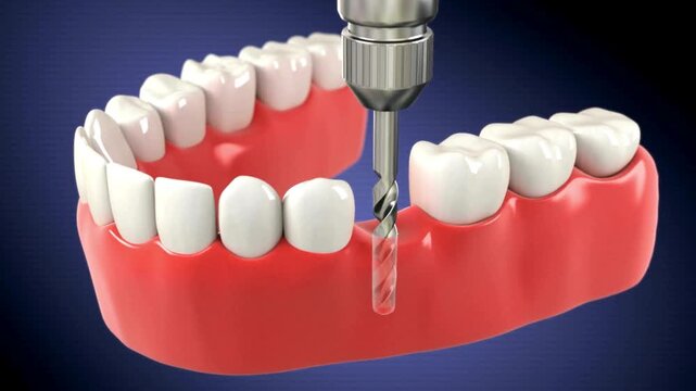 Dental implant surgery procedure illustration showing drilling into jawbone for placement