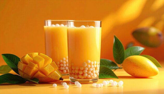 Two refreshing mango drinks with tapioca pearls and fresh mangoes