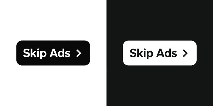 Skip Ads Button Pair. Two identical Skip Ads buttons, one on a black background and the other on a white background, signify a user's desire to bypass advertisements.