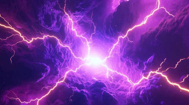 Bright lightning storm with vivid purple and pink streaks lighting up the dark sky